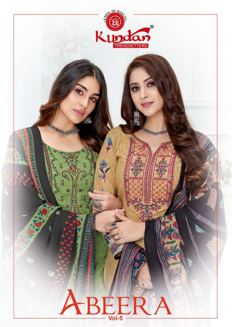 ABEERA VOL-5 BY KUNDAN 5001 TO 5012 SERIES DESIGNER SUITS BEAUTIFUL FANCY STYLISH COLORFUL PARTY WEAR & OCCASIONAL WEAR COTTON PRINTED DRESSES AT WHOLESALE PRICE