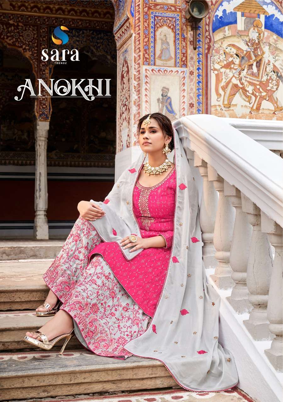 ANOKHI BY SARA TRENDZ 3901 TO 3904 SERIES BEAUTIFUL SHARARA SUITS COLORFUL STYLISH FANCY CASUAL WEAR & ETHNIC WEAR CHINNON EMBROIDERED DRESSES AT WHOLESALE PRICE