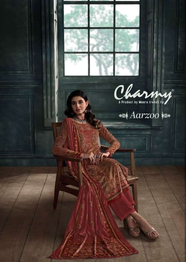AARZOO BY CHARMY 4341 TO 4346 SERIES DESIGNER SUITS COLLECTION BEAUTIFUL STYLISH FANCY COLORFUL PARTY WEAR & OCCASIONAL WEAR VELVET EMBROIDERED DRESSES AT WHOLESALE PRICE