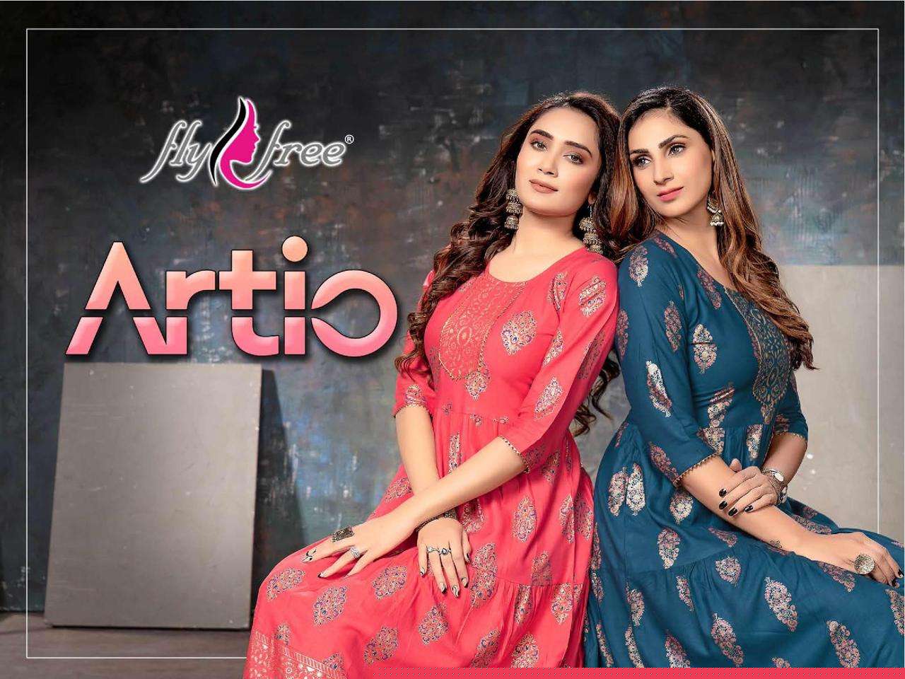ARTIO BY FLY FREE 101 TO 108 SERIES BEAUTIFUL STYLISH FANCY COLORFUL CASUAL WEAR & ETHNIC WEAR RAYON FOIL KURTIS AT WHOLESALE PRICE