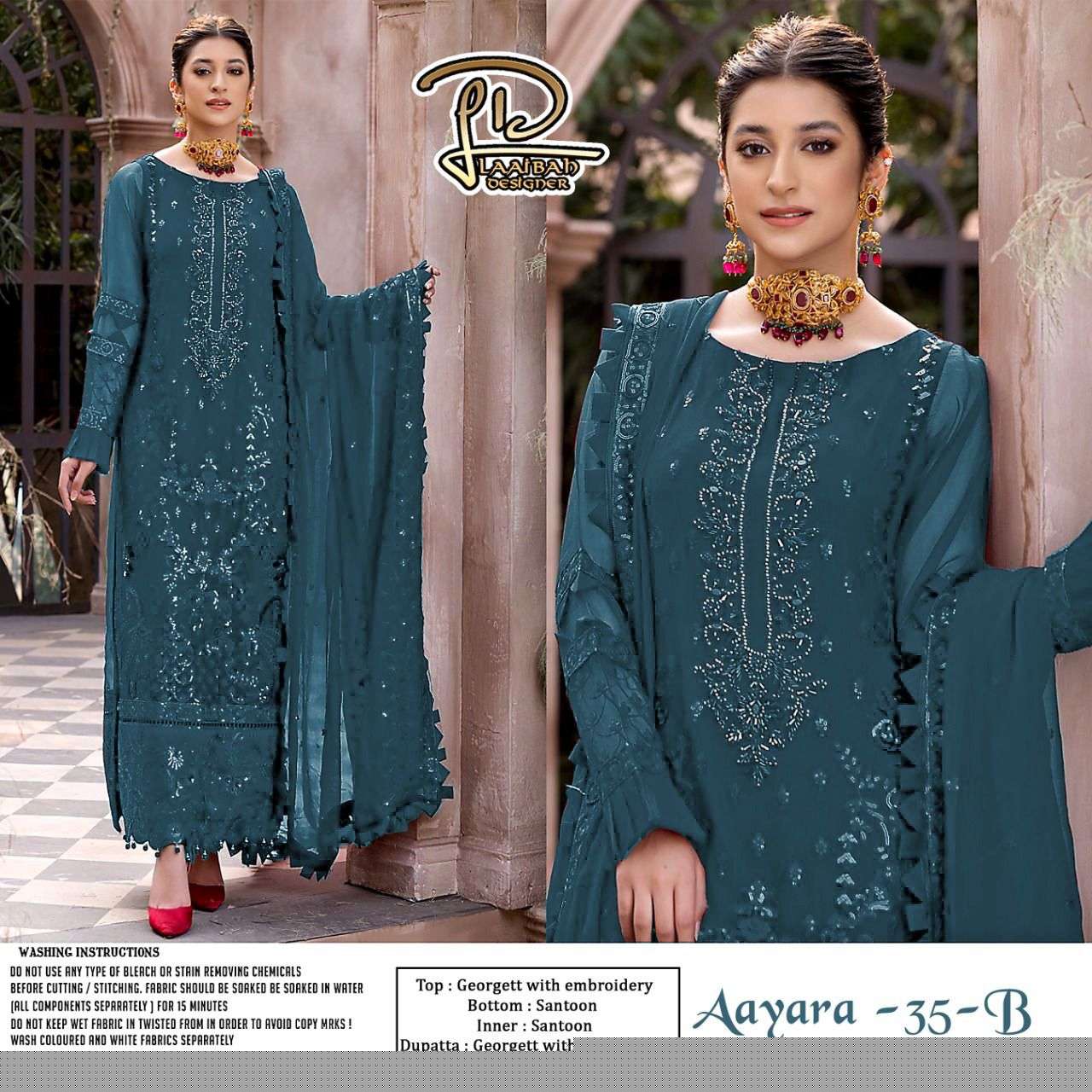 AAYARA 35 COLOURS BY LAAIBAH DESIGNER 35-A TO 35-D SERIES DESIGNER PAKISTANI SUITS COLLECTION BEAUTIFUL STYLISH COLORFUL FANCY PARTY WEAR & OCCASIONAL WEAR GEORGETTE DRESSES AT WHOLESALE PRICE
