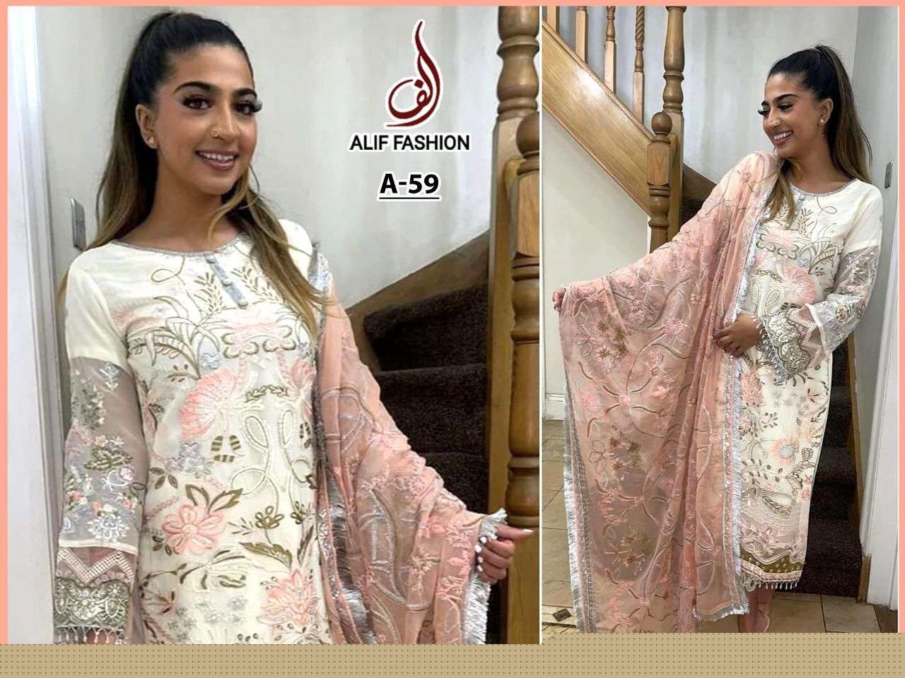 ALIF HIT DESIGN A-59 BY ALIF FASHION BEAUTIFUL PAKISTANI SUITS STYLISH COLORFUL FANCY CASUAL WEAR & ETHNIC WEAR FAUX GEORGETTE EMBROIDERED DRESSES AT WHOLESALE PRICE