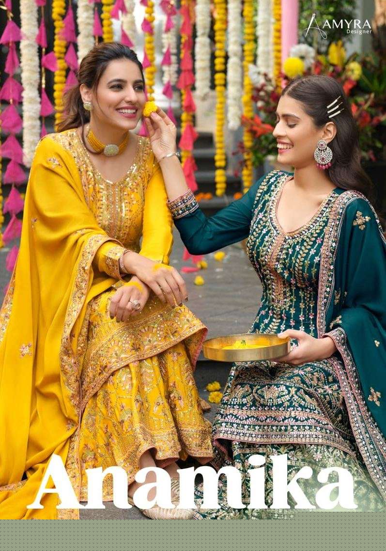 Anamika By Amyra Designer 1001 To 1004 Series Beautiful Sharara Suits Stylish Colorful Fancy Casual Wear & Ethnic Wear Heavy Chinnon Embroidered Dresses At Wholesale Price