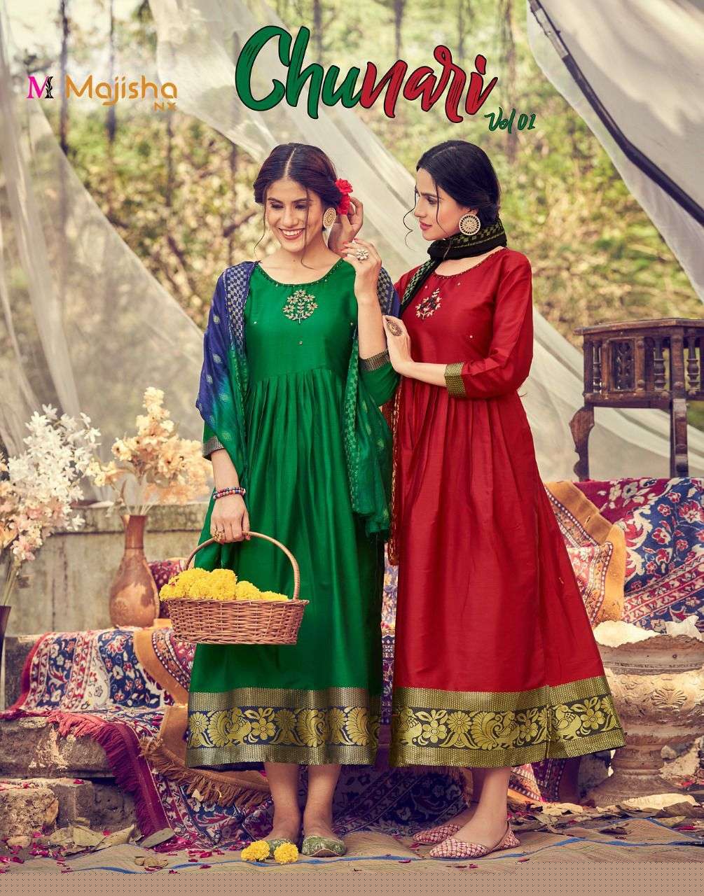 CHUNARI VOL-1 BY MAJISHA NX 1001 TO 1008 SERIES DESIGNER STYLISH FANCY COLORFUL BEAUTIFUL PARTY WEAR & ETHNIC WEAR COLLECTION TAPETA SATIN KURTIS WITH DUPATTA AT WHOLESALE PRICE