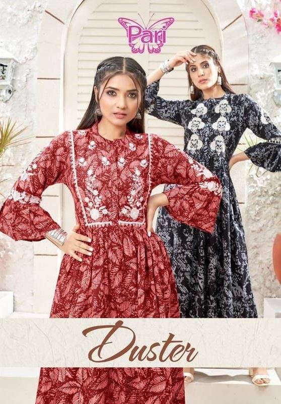 DUSTER BY PARI 5001 TO 5008 SERIES DESIGNER STYLISH FANCY COLORFUL BEAUTIFUL PARTY WEAR & ETHNIC WEAR COLLECTION RAYON PRINT GOWN AT WHOLESALE PRICE