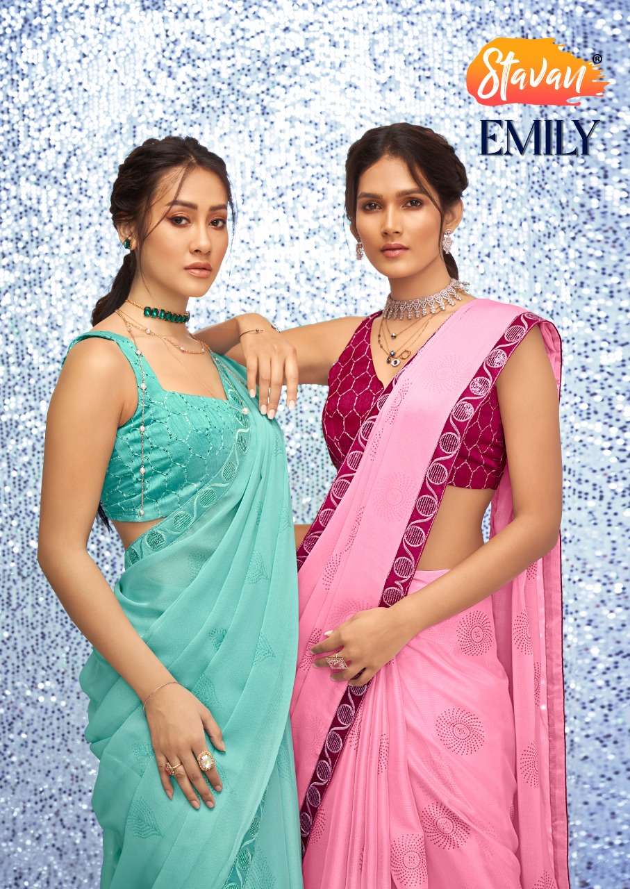 Emily By Stavan 1001 To 1010 Series Indian Traditional Wear Collection Beautiful Stylish Fancy Colorful Party Wear & Occasional Wear Satin Chiffon Sarees At Wholesale Price