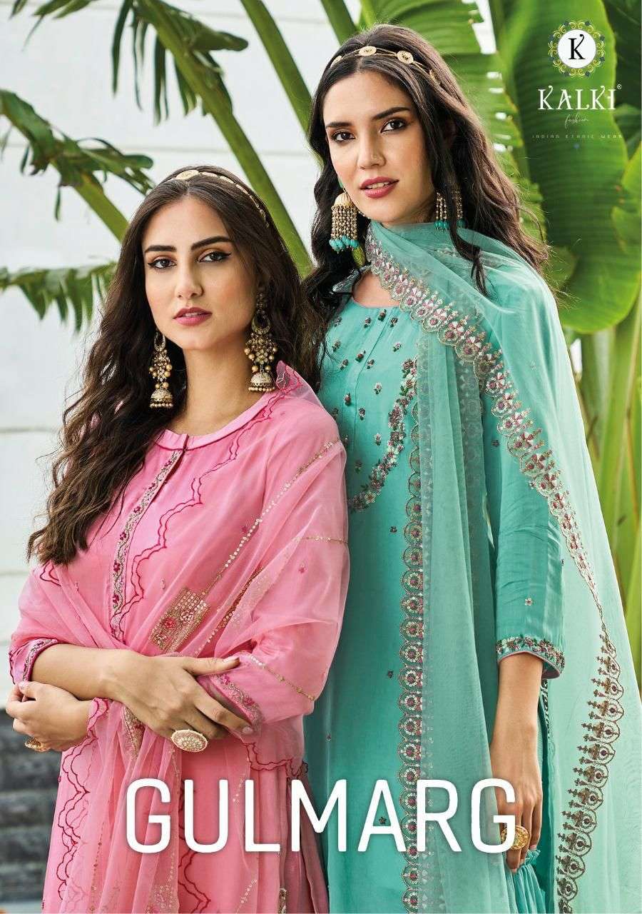 Gulmarg By Kalki 35001 To 35006 Series Beautiful Sharara Suits Colorful Stylish Fancy Casual Wear & Ethnic Wear Chinnon Chiffon Viscose Silk Embroidered Dresses At Wholesale Price