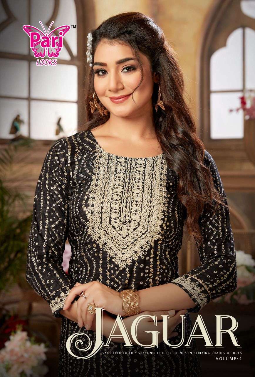 JAGUAR VOL-4 BY PARI 401 TO 408 SERIES BEAUTIFUL STYLISH FANCY COLORFUL CASUAL WEAR & ETHNIC WEAR RAYON FOIL KURTIS AT WHOLESALE PRICE