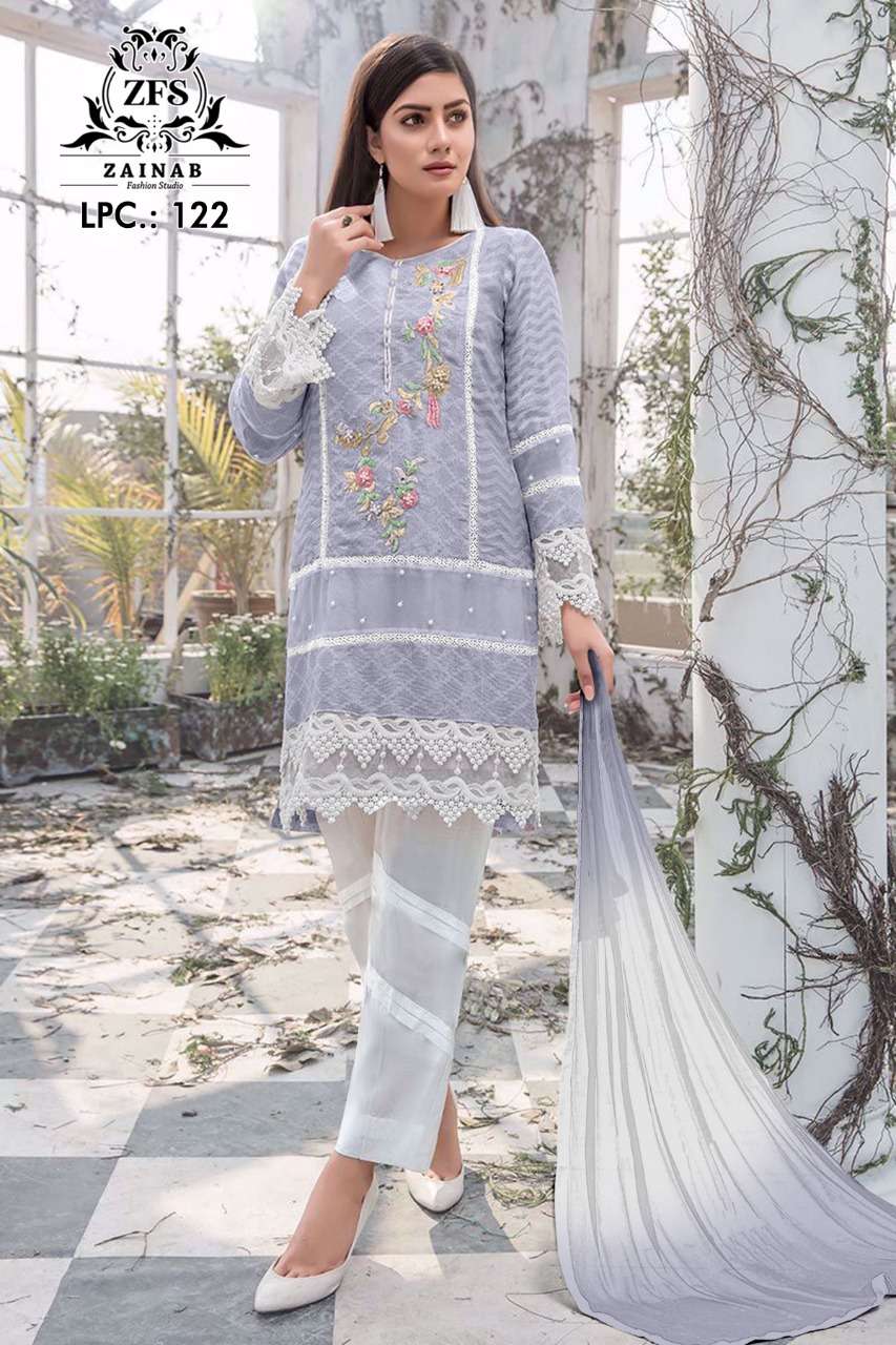 LPC-122 BY ZAINAB FASHION 122-A TO 122-C SERIES DESIGNER PAKISTANI SUITS BEAUTIFUL STYLISH FANCY COLORFUL PARTY WEAR & OCCASIONAL WEAR PURE GEORGETTE EMBROIDERED DRESSES AT WHOLESALE PRICE