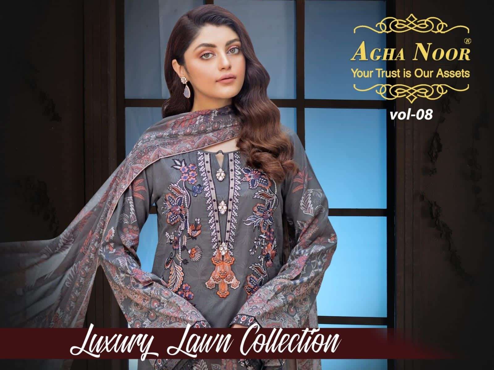 LUXURY LAWN COLLECTION VOL-8 BY AGHA NOOR 1001 TO 1006 SERIES DESIGNER SUITS COLLECTION BEAUTIFUL STYLISH COLORFUL FANCY PARTY WEAR & OCCASIONAL WEAR LAWN COTTON DRESSES AT WHOLESALE PRICE