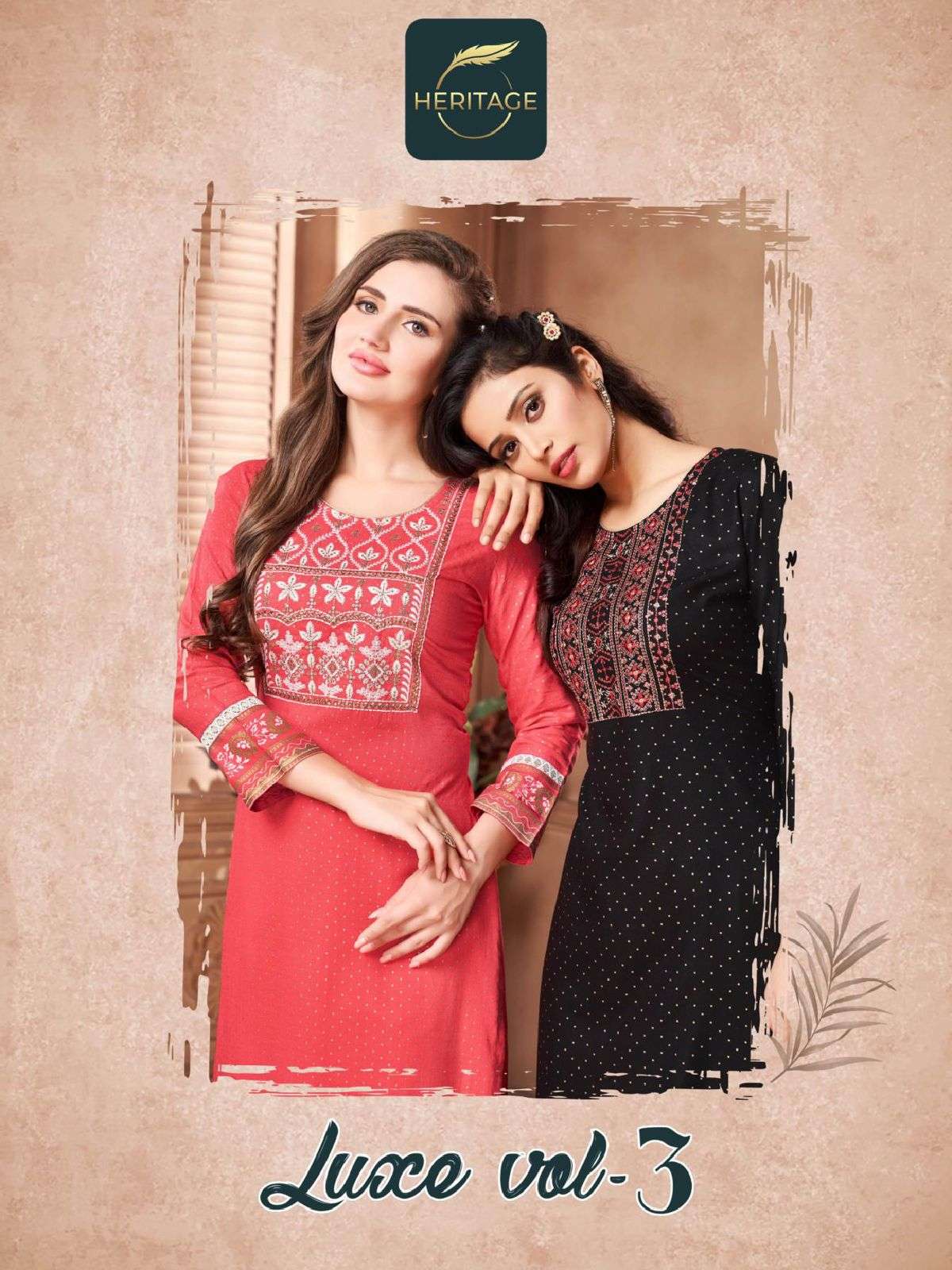LUXE VOL-3 BY HERITAGE 001 TO 006 SERIES BEAUTIFUL STYLISH FANCY COLORFUL CASUAL WEAR & ETHNIC WEAR RAYON KURTIS WITH PANTS AT WHOLESALE PRICE