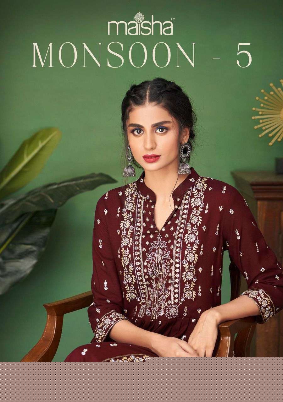 MONSOON VOL-5 BY MAISHA 3241 TO 3245 SERIES DESIGNER STYLISH FANCY COLORFUL BEAUTIFUL PARTY WEAR & ETHNIC WEAR COLLECTION RAYON PRINT KURTIS WITH BOTTOM AT WHOLESALE PRICE
