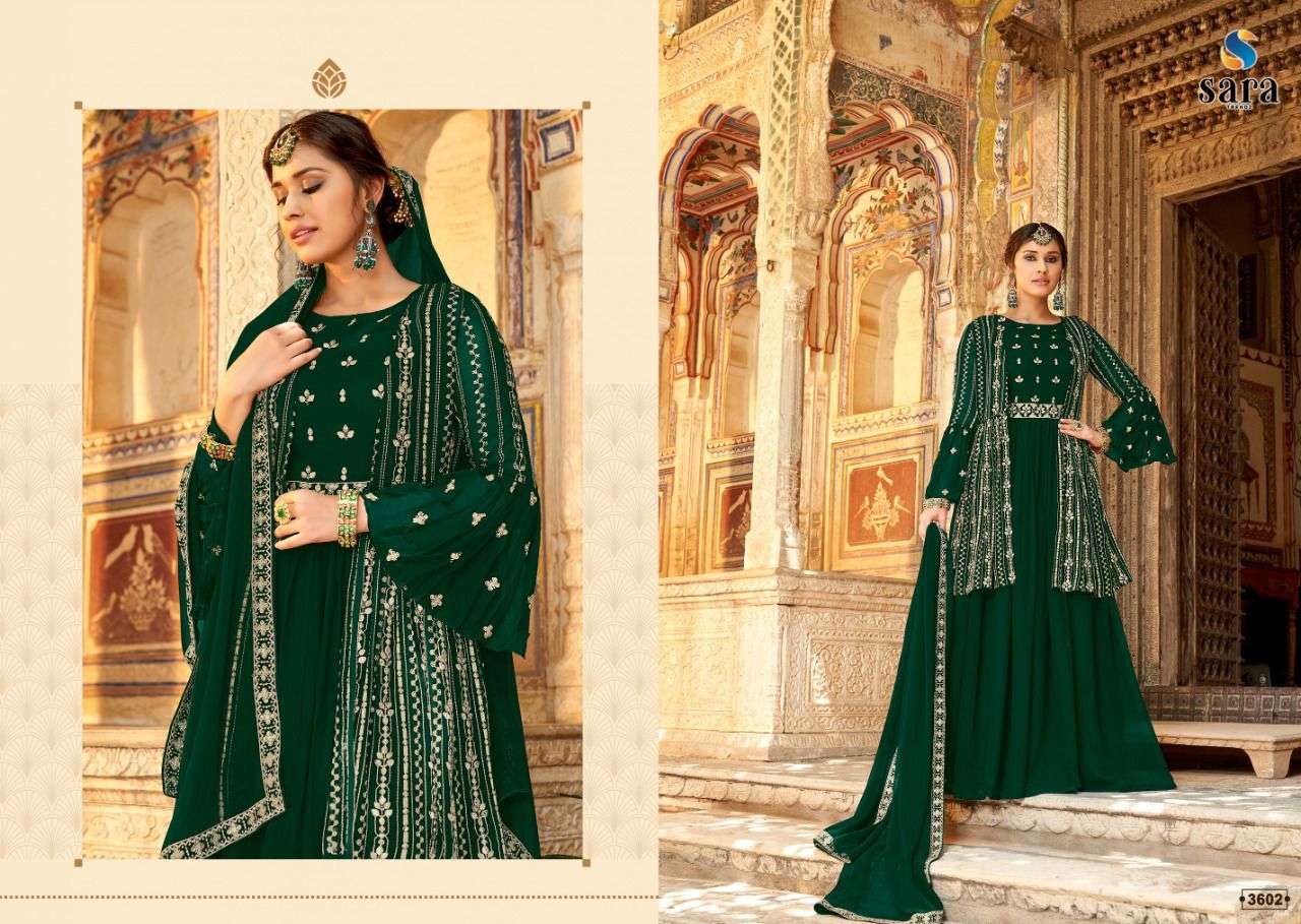 MANNAT BY SARA TRENDZ 3601 TO 3604 SERIES DESIGNER SHARARA SUITS BEAUTIFUL FANCY COLORFUL STYLISH PARTY WEAR & OCCASIONAL WEAR GEORGETTE EMBROIDERED DRESSES AT WHOLESALE PRICE