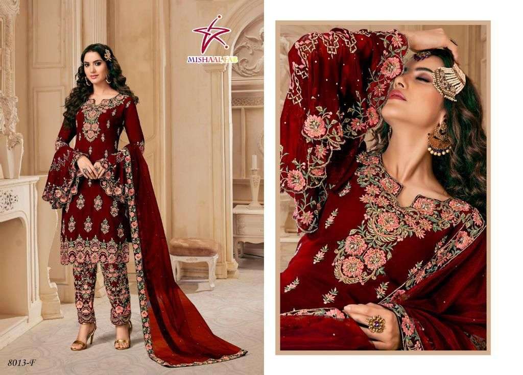 MISHAAL 8013 COLOURS NX BY MISHAAL FAB 8013-E TO 8013-F SERIES BEAUTIFUL PAKISTANI SUITS STYLISH COLORFUL FANCY CASUAL WEAR & ETHNIC WEAR HEAVY GEORGETTE EMBROIDERED DRESSES AT WHOLESALE PRICE