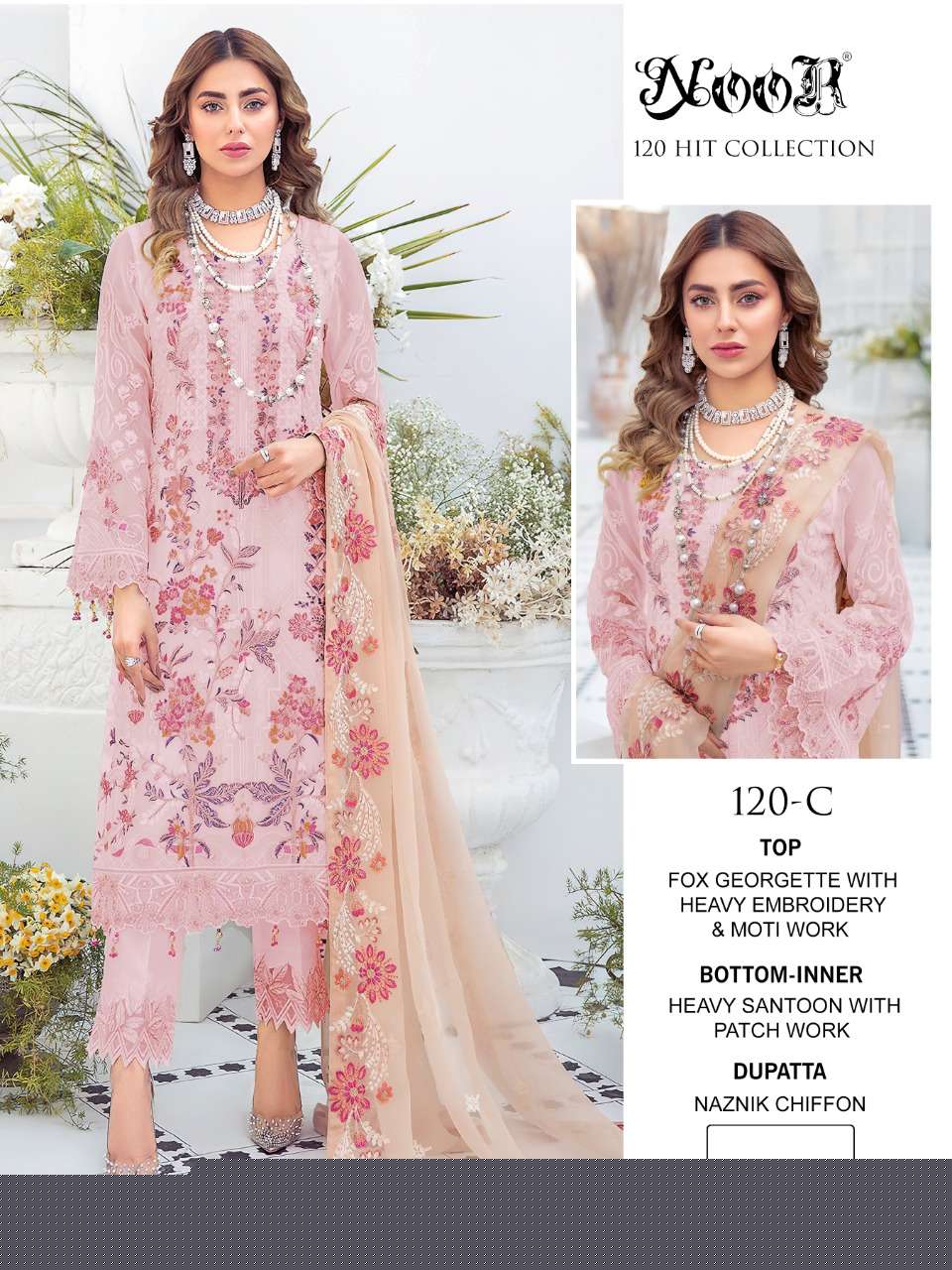 NOOR 120 COLOURS BY NOOR 120-A TO 120-D SERIES PAKISTANI STYLISH BEAUTIFUL COLOURFUL PRINTED & EMBROIDERED PARTY WEAR & OCCASIONAL WEAR FAUX GEORGETTE EMBROIDERED DRESSES AT WHOLESALE PRICE