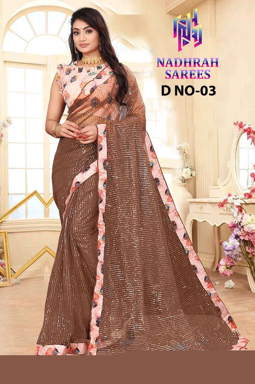 NAMIRA BY NADHRAH SAREES 02 TO 06 SERIES INDIAN TRADITIONAL WEAR COLLECTION BEAUTIFUL STYLISH FANCY COLORFUL PARTY WEAR & OCCASIONAL WEAR SOFT NET SAREES AT WHOLESALE PRICE