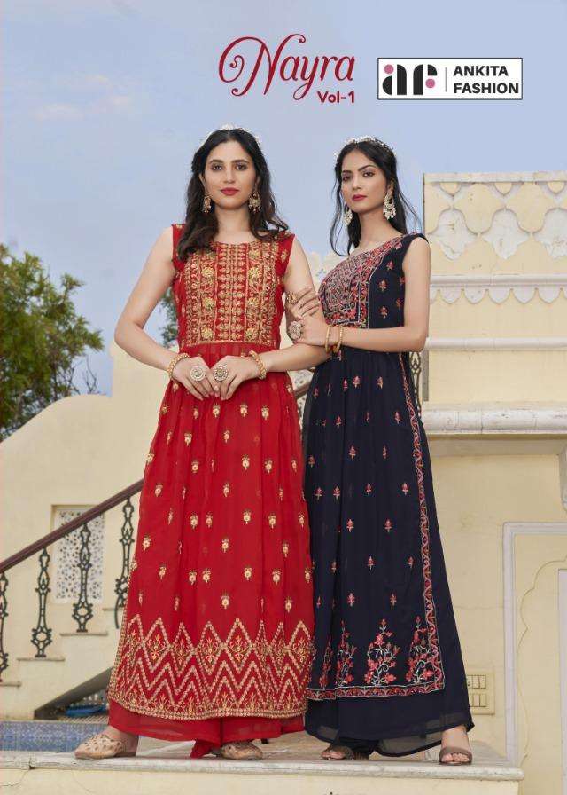 NAYRA VOL-1 BY ANKITA FASHION 1001 TO 1005 SERIES BEAUTIFUL STYLISH FANCY COLORFUL CASUAL WEAR & ETHNIC WEAR GEORGETTE EMBROIDERED KURTIS AT WHOLESALE PRICE