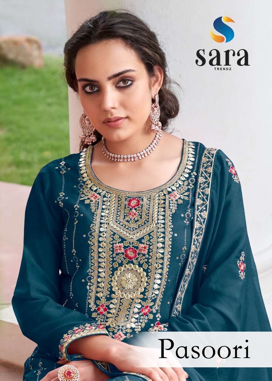 PASOORI BY SARA TRENDZ 3091 TO 3094 SERIES BEAUTIFUL SHARARA SUITS COLORFUL STYLISH FANCY CASUAL WEAR & ETHNIC WEAR CHINNON EMBROIDERED DRESSES AT WHOLESALE PRICE