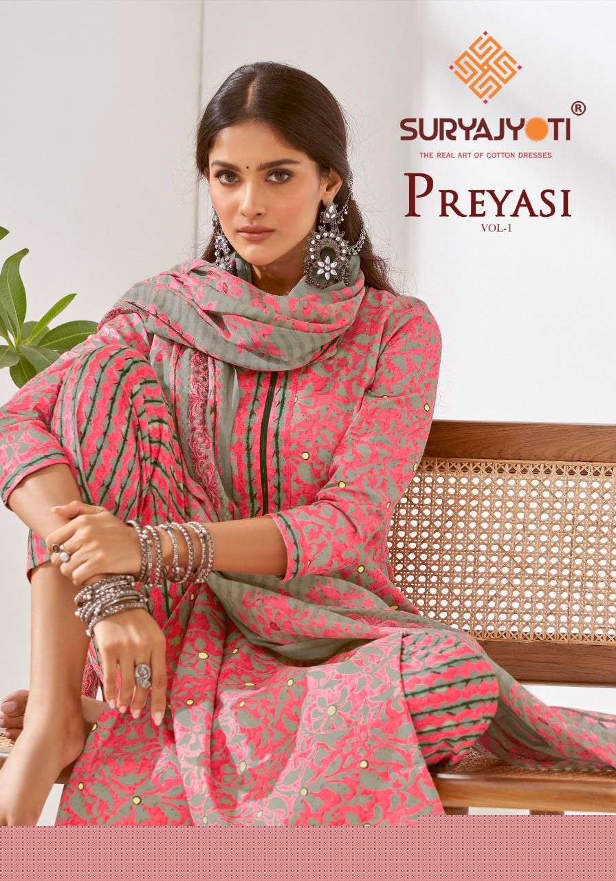 PREYASI VOL-1 BY SURYAJYOTI 1001 TO 1008 SERIES BEAUTIFUL SUITS COLORFUL STYLISH FANCY CASUAL WEAR & ETHNIC WEAR PURE COTTON LAWN PRINT DRESSES AT WHOLESALE PRICE