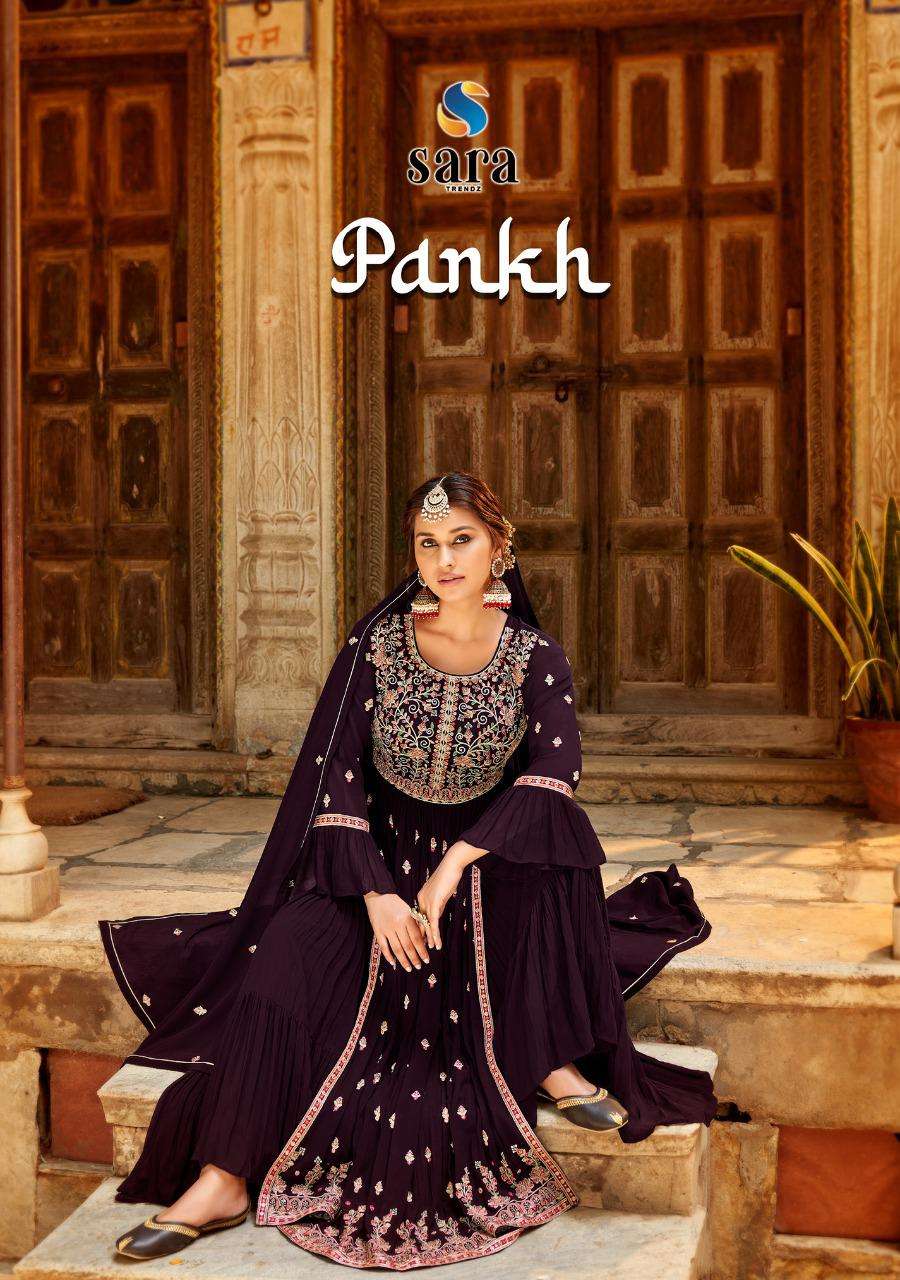 PANKH BY SARA TRENDZ 3651 TO 3654 SERIES BEAUTIFUL SHARARA SUITS COLORFUL STYLISH FANCY CASUAL WEAR & ETHNIC WEAR GEORGETTE EMBROIDERED DRESSES AT WHOLESALE PRICE