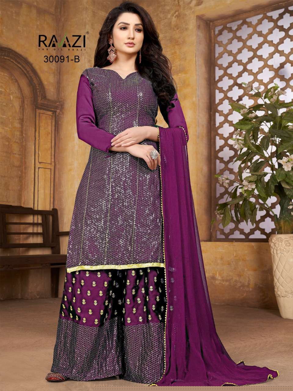 RAAZI 30091 COLOURS BY RAMA FASHION 30091-A TO 30091-D SERIES BEAUTIFUL SHARARA SUITS COLORFUL STYLISH FANCY CASUAL WEAR & ETHNIC WEAR HEAVY SATIN GEORGETTE EMBROIDERED DRESSES AT WHOLESALE PRICE
