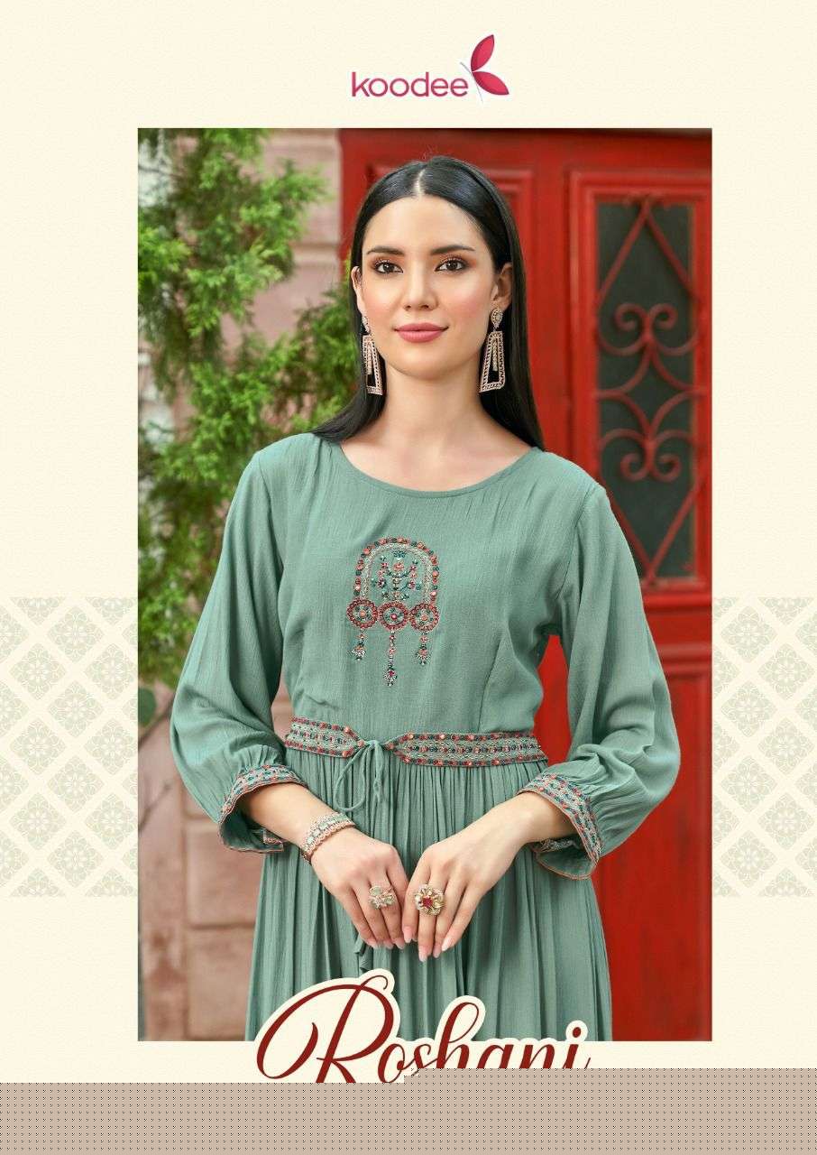 ROSHANI BY KOODEE 1001 TO 1004 SERIES DESIGNER STYLISH FANCY COLORFUL BEAUTIFUL PARTY WEAR & ETHNIC WEAR COLLECTION RAYON KURTIS AT WHOLESALE PRICE