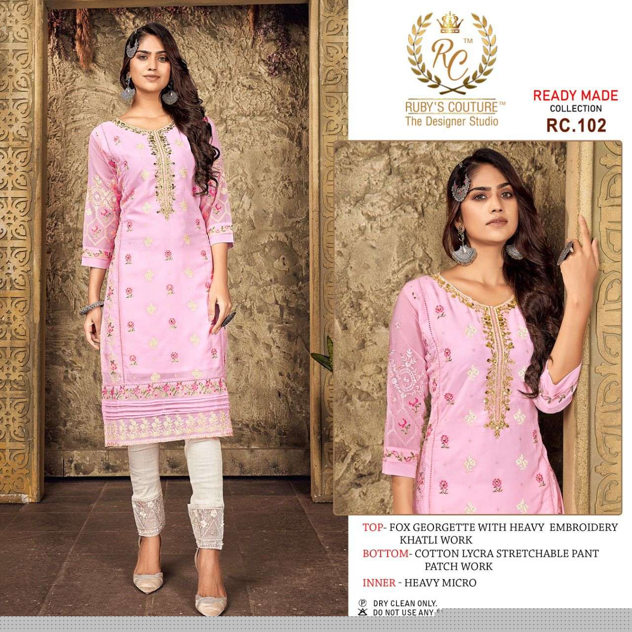RUBYS HIT DESIGN 102 BY RUBYS COUTURE DESIGNER STYLISH FANCY COLORFUL BEAUTIFUL PARTY WEAR & ETHNIC WEAR COLLECTION FAUX GEORGETTE KURTIS WITH BOTTOM AT WHOLESALE PRICE