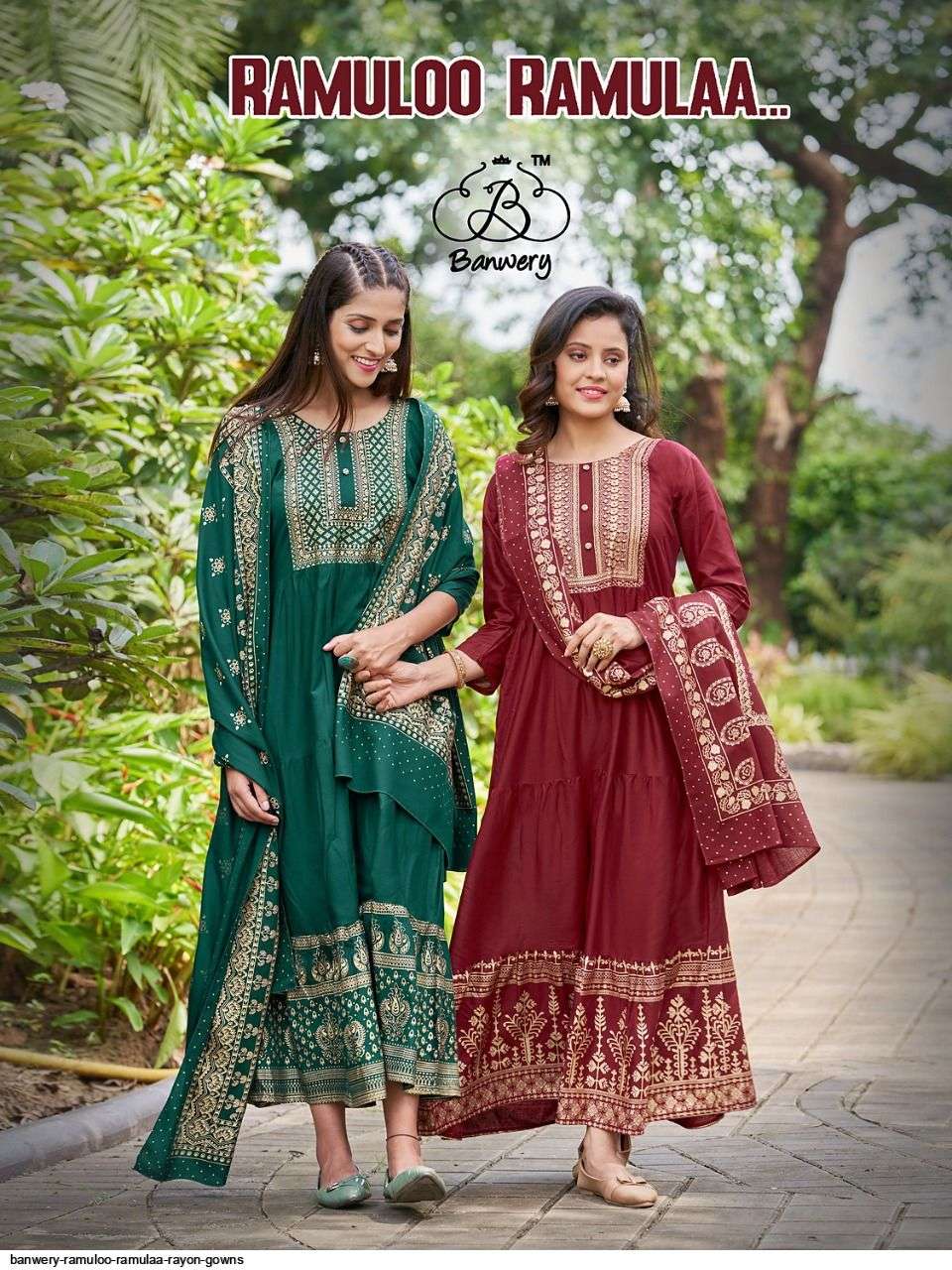 RAMULOO RAMULAA BY BANWERY FASHION 1001 TO 1008 SERIES BEAUTIFUL STYLISH FANCY COLORFUL CASUAL WEAR & ETHNIC WEAR RAYON FOIL PRINT GOWNS WITH DUPATTA AT WHOLESALE PRICE