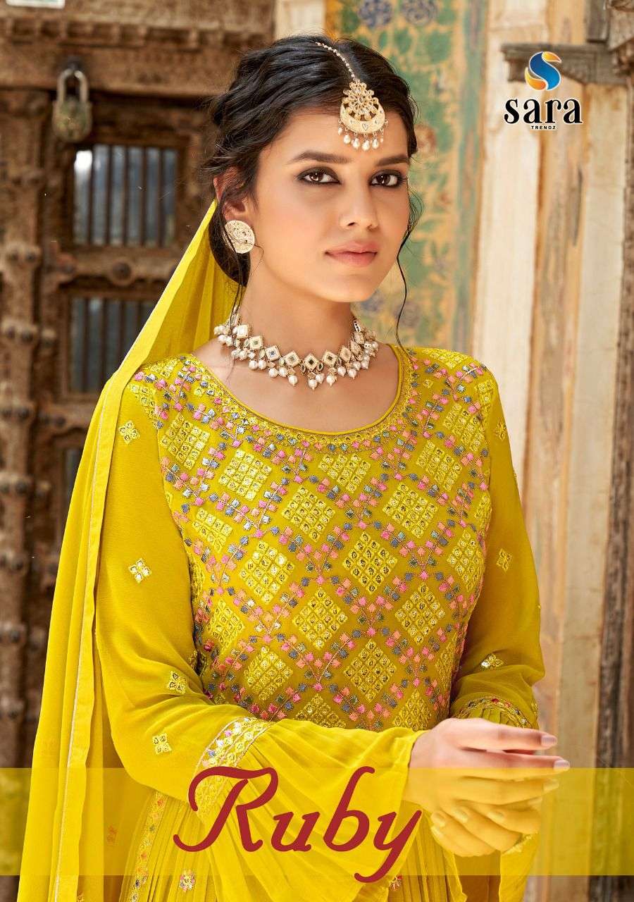 RUBY BY SARA TRENDZ 3851 TO 3854 SERIES BEAUTIFUL SHARARA SUITS COLORFUL STYLISH FANCY CASUAL WEAR & ETHNIC WEAR GEORGETTE EMBROIDERED DRESSES AT WHOLESALE PRICE