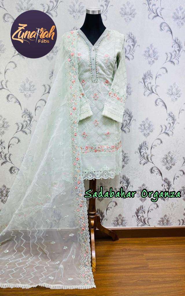 SADABAHAR BY ZUNAIRAH FABS DESIGNER FESTIVE PAKISTANI SUITS COLLECTION BEAUTIFUL STYLISH FANCY COLORFUL PARTY WEAR & OCCASIONAL WEAR ORGANZA EMBROIDERED DRESSES AT WHOLESALE PRICE