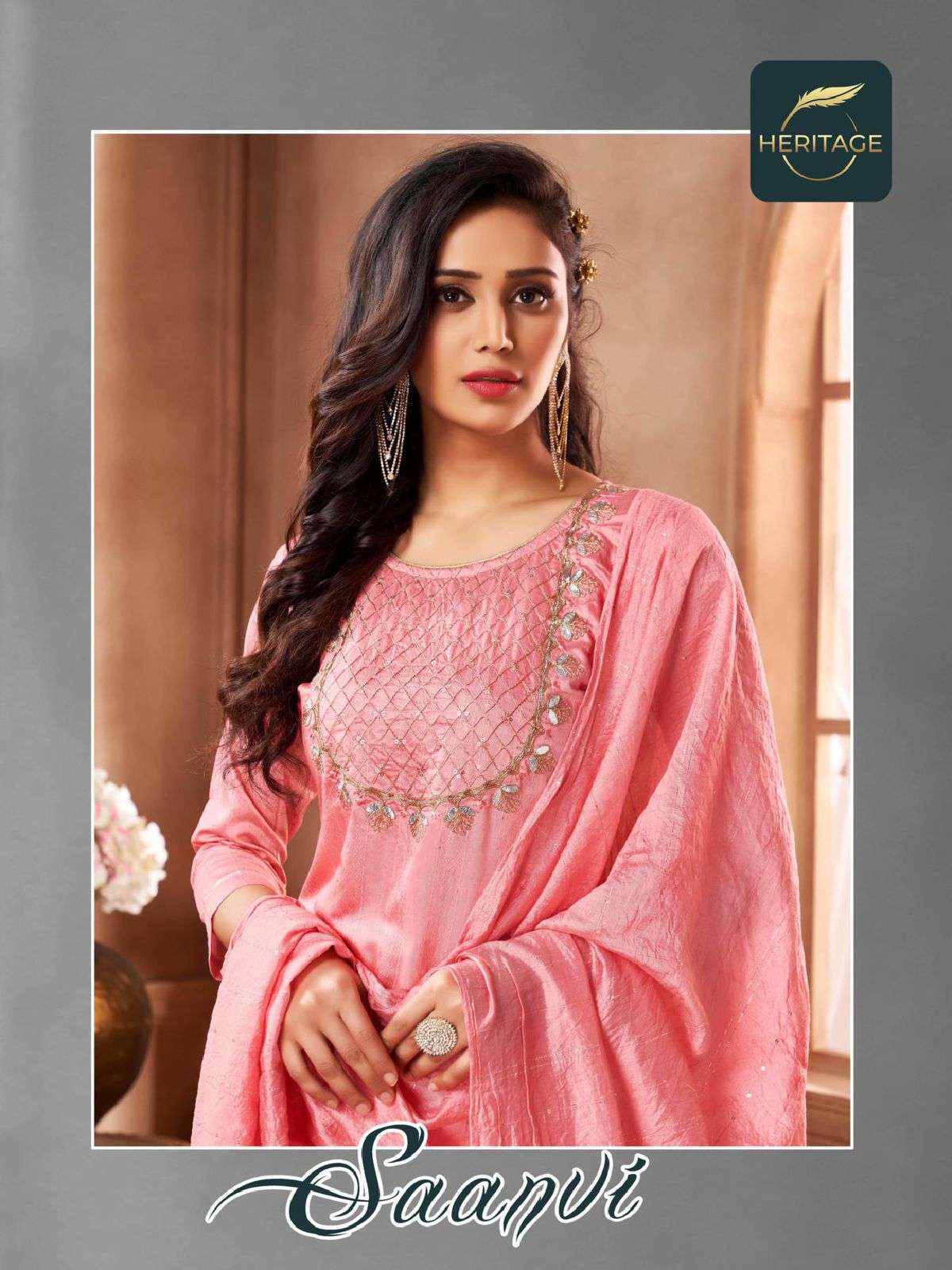 SAANVI BY HERITAGE 001 TO 005 SERIES STYLISH BEAUTIFUL COLOURFUL PRINTED & EMBROIDERED PARTY WEAR & OCCASIONAL WEAR CHANDERI SILK DRESSES AT WHOLESALE PRICE