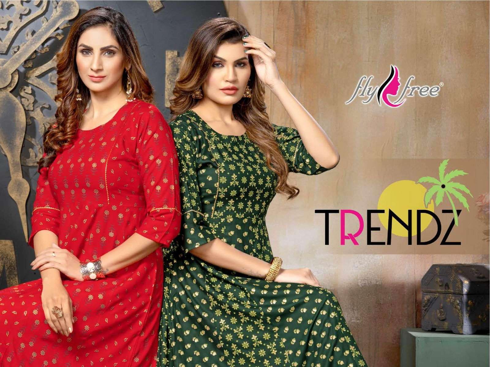 TRENDZ BY FLY FREE 101 TO 108 SERIES BEAUTIFUL STYLISH FANCY COLORFUL CASUAL WEAR & ETHNIC WEAR RAYON FOIL KURTIS AT WHOLESALE PRICE