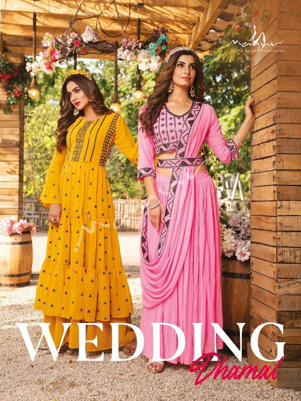 WEDDING DHAMAL BY MAYUR 001 TO 004 SERIES BEAUTIFUL STYLISH FANCY COLORFUL CASUAL WEAR & ETHNIC WEAR GEORGETTE TOPS WITH BOTTOM AT WHOLESALE PRICE