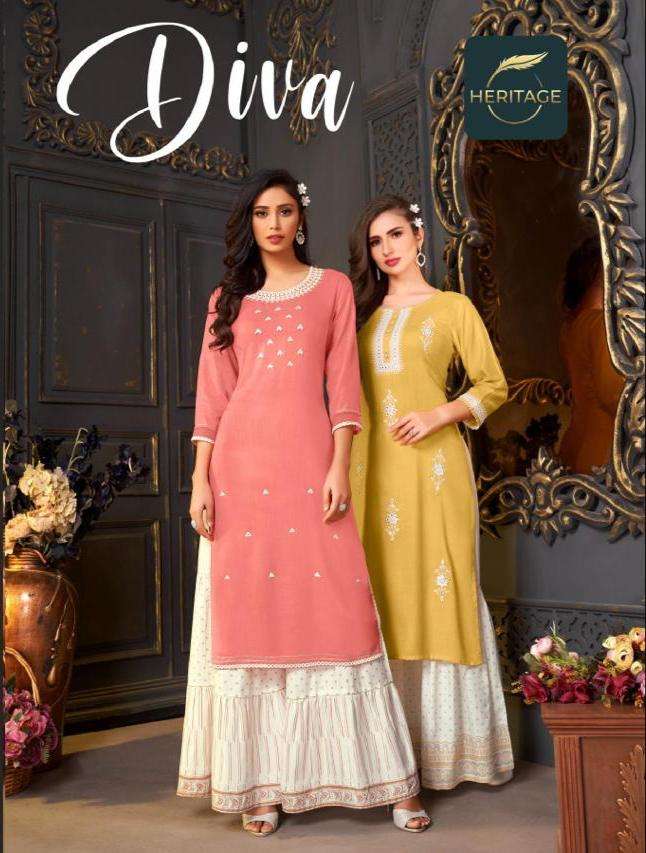 DIVA BY HERITAGE 001 TO 005 SERIES BEAUTIFUL STYLISH FANCY COLORFUL CASUAL WEAR & ETHNIC WEAR RAYON KURTIS WITH BOTTOM AT WHOLESALE PRICE