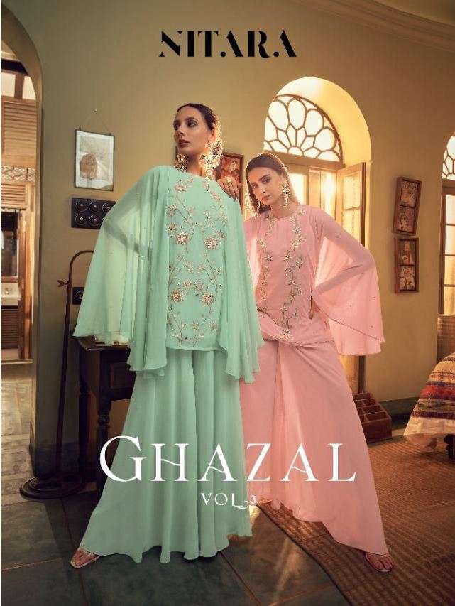 GHAZAL VOL-3 BY NITARA 7101 TO 7104 SERIES BEAUTIFUL STYLISH FANCY COLORFUL CASUAL WEAR & ETHNIC WEAR GEORGETTE KURTIS WITH BOTTOM AT WHOLESALE PRICE