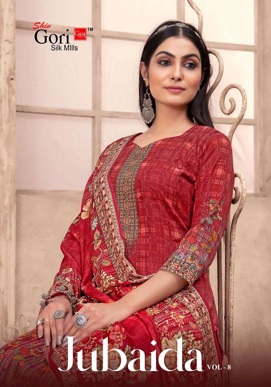 JUBAIDA VOL-8 BY SHIV GORI SILK MILLS 8001 TO 8010 SERIES INDIAN SUITS BEAUTIFUL FANCY COLORFUL STYLISH PARTY WEAR & OCCASIONAL WEAR KASHMIRI PRINT DRESSES AT WHOLESALE PRICE