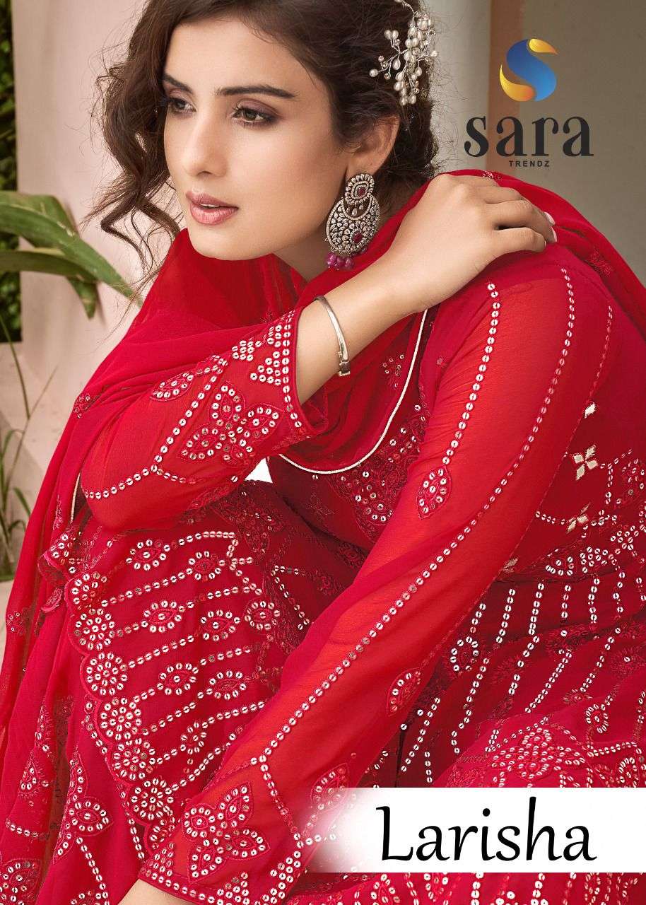 LARISHA BY SARA TRENDZ 3071 TO 3074 SERIES BEAUTIFUL SHARARA SUITS COLORFUL STYLISH FANCY CASUAL WEAR & ETHNIC WEAR GEORGETTE EMBROIDERED DRESSES AT WHOLESALE PRICE