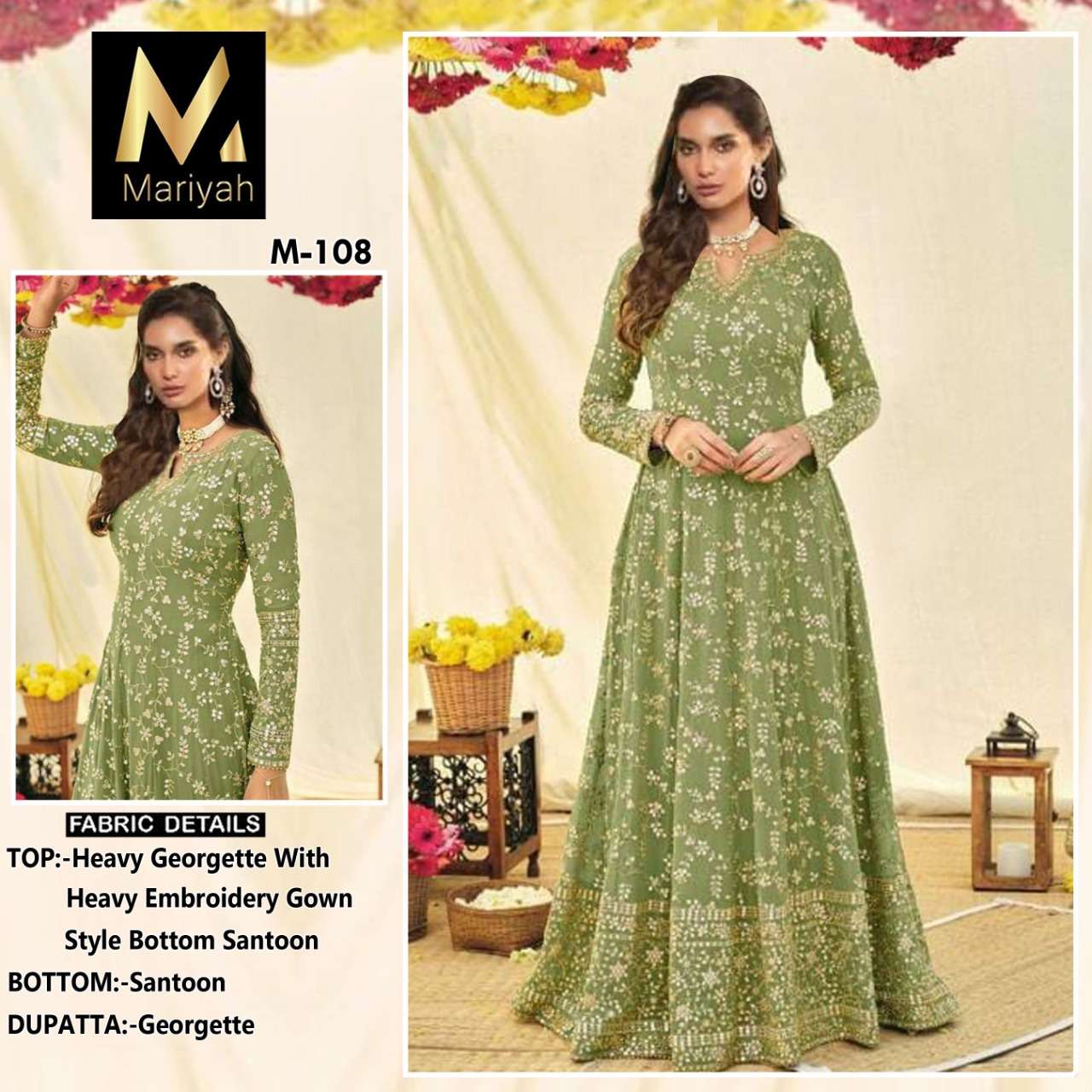 MARIYAH HIT DESIGN M-107 SERIES BY MARIYAH M-107 TO M-110 SERIES BEAUTIFUL ANARKALI SUITS COLORFUL STYLISH FANCY CASUAL WEAR & ETHNIC WEAR HEAVY GEORGETTE DRESSES AT WHOLESALE PRICE