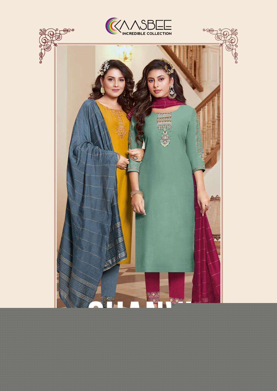 SHANVI BY KAASBEE 1001 TO 1006 SERIES BEAUTIFUL SUITS COLORFUL STYLISH FANCY CASUAL WEAR & ETHNIC WEAR CHINNON DRESSES AT WHOLESALE PRICE