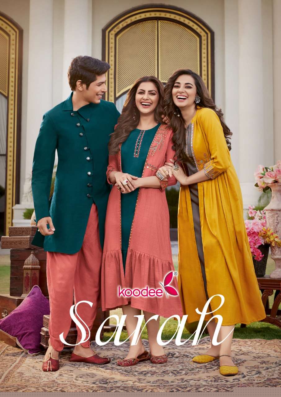 Sarah By Koodee 1001 To 1004 Series Beautiful Stylish Fancy Colorful Casual Wear & Ethnic Wear & Ready To Wear Chinnon Kurtis With Shrug At Wholesale Price