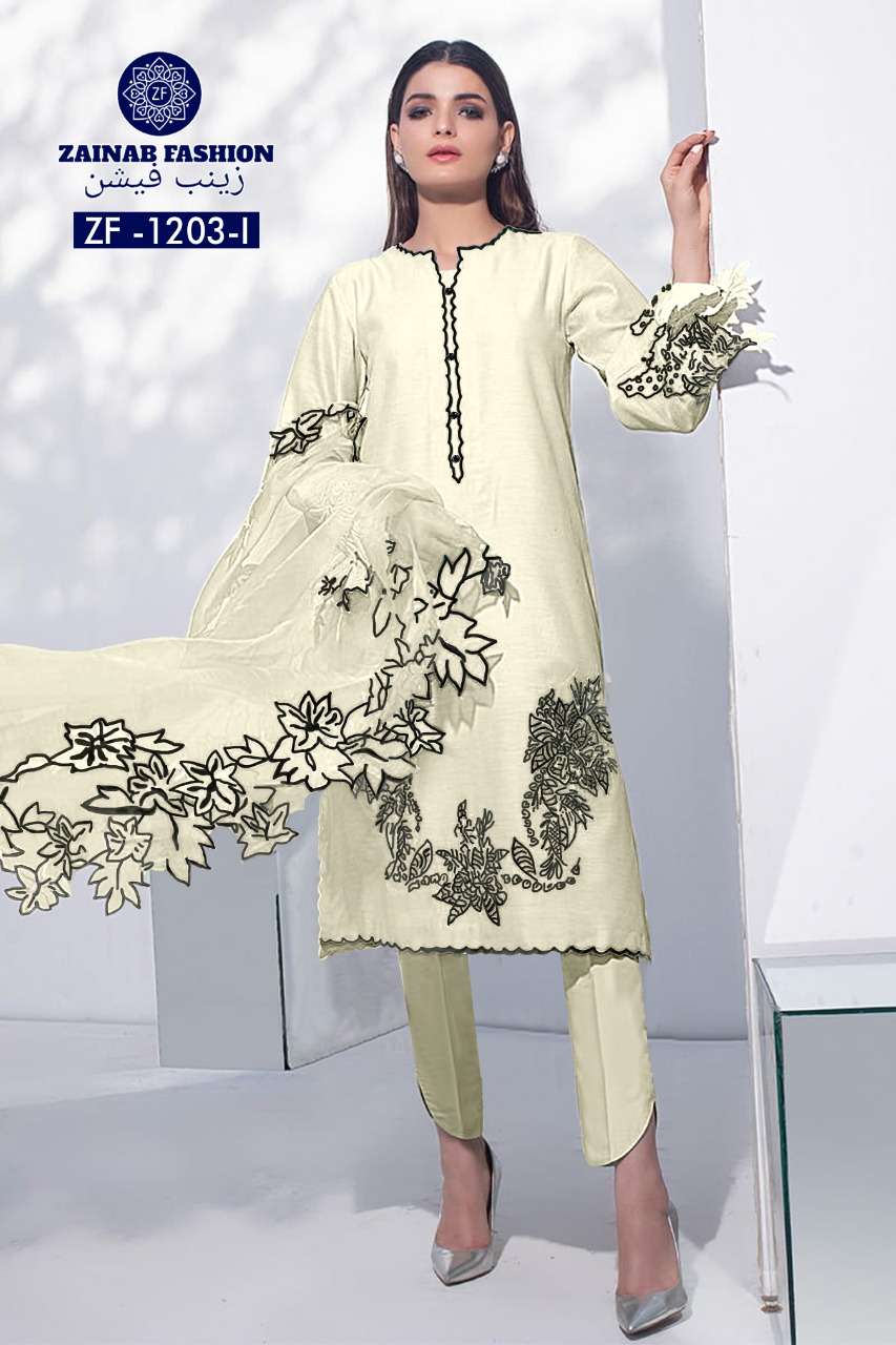 ZF-1203-I BY ZAINAB FASHION DESIGNER FESTIVE PAKISTANI SUITS COLLECTION BEAUTIFUL STYLISH FANCY COLORFUL PARTY WEAR & OCCASIONAL WEAR JAM SATIN EMBROIDERED DRESSES AT WHOLESALE PRICE