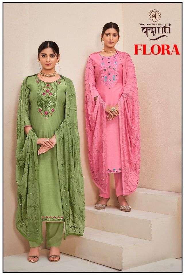 FLORA BY VEDANTI 221 TO 224 SERIES BEAUTIFUL SUITS COLORFUL STYLISH FANCY CASUAL WEAR & ETHNIC WEAR MUSLIN WITH WORK DRESSES AT WHOLESALE PRICE