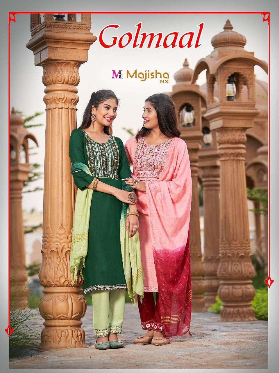 GOLMAAL BY MAJISHA NX 1001 TO 1008 SERIES BEAUTIFUL SUITS COLORFUL STYLISH FANCY CASUAL WEAR & ETHNIC WEAR RAYON SLUB EMBROIDERY DRESSES AT WHOLESALE PRICE