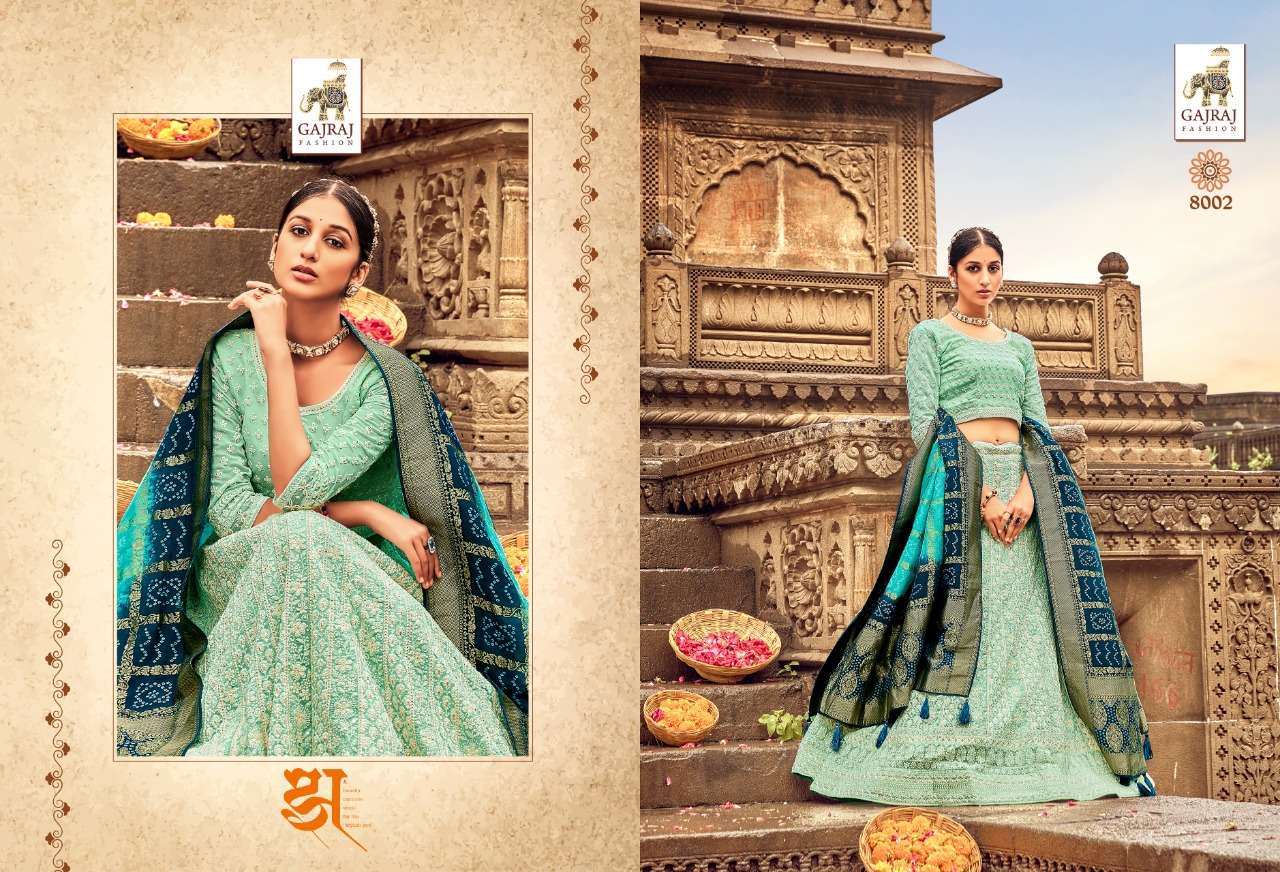 GAJRAJ 8001 SERIES BY GAJRAJ FASHION 8001 TO 8006 SERIES INDIAN TRADITIONAL BEAUTIFUL STYLISH DESIGNER BANARASI SILK JACQUARD EMBROIDERED PARTY WEAR PURE GEORGETTE LEHENGAS AT WHOLESALE PRICE
