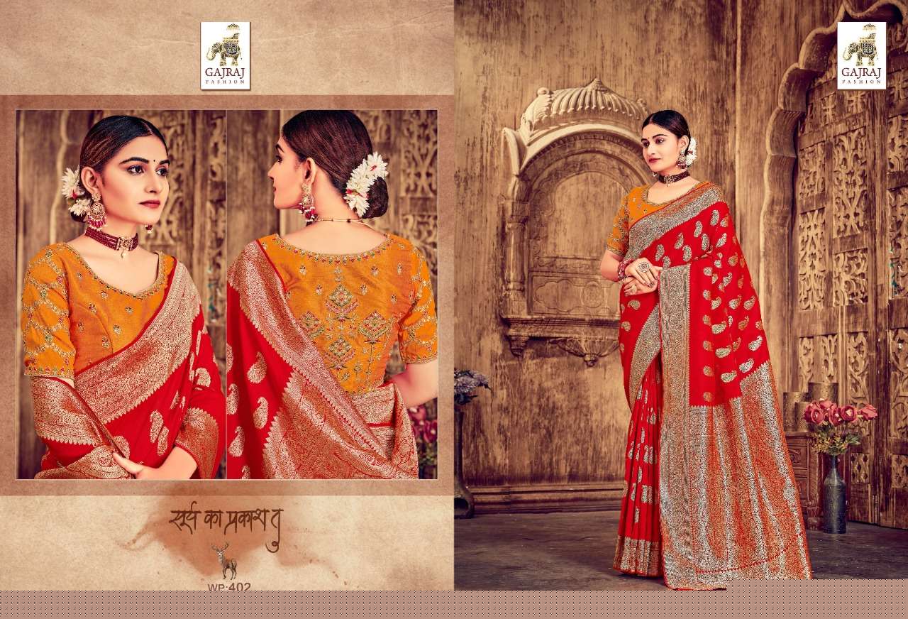 GAJRAJ 401 SERIES BY GAJRAJ FASHION 401 TO 410 SERIES INDIAN TRADITIONAL WEAR COLLECTION BEAUTIFUL STYLISH FANCY COLORFUL PARTY WEAR & OCCASIONAL WEAR BANARASI SILK SAREES AT WHOLESALE PRICE
