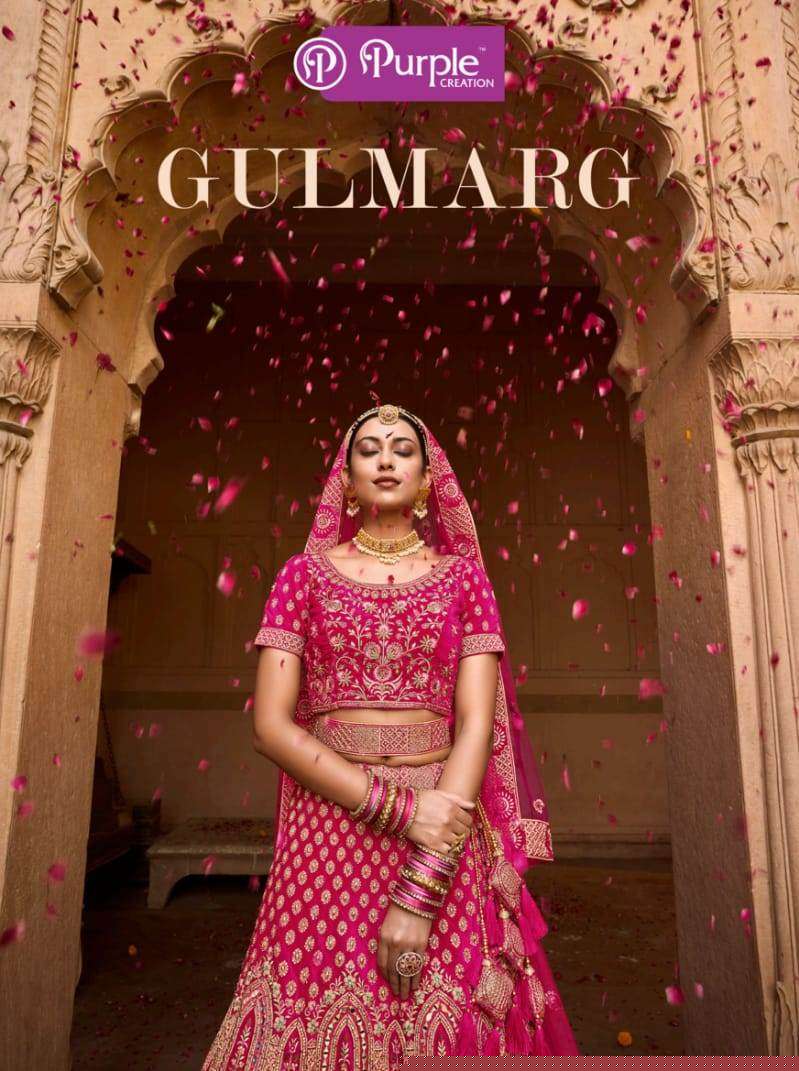 GULMARG BY PURPLE CREATION 1001 TO 1006 SERIES INDIAN TRADITIONAL BEAUTIFUL STYLISH DESIGNER BANARASI SILK JACQUARD EMBROIDERED PARTY WEAR VELVET/COTTON LEHENGAS AT WHOLESALE PRICE