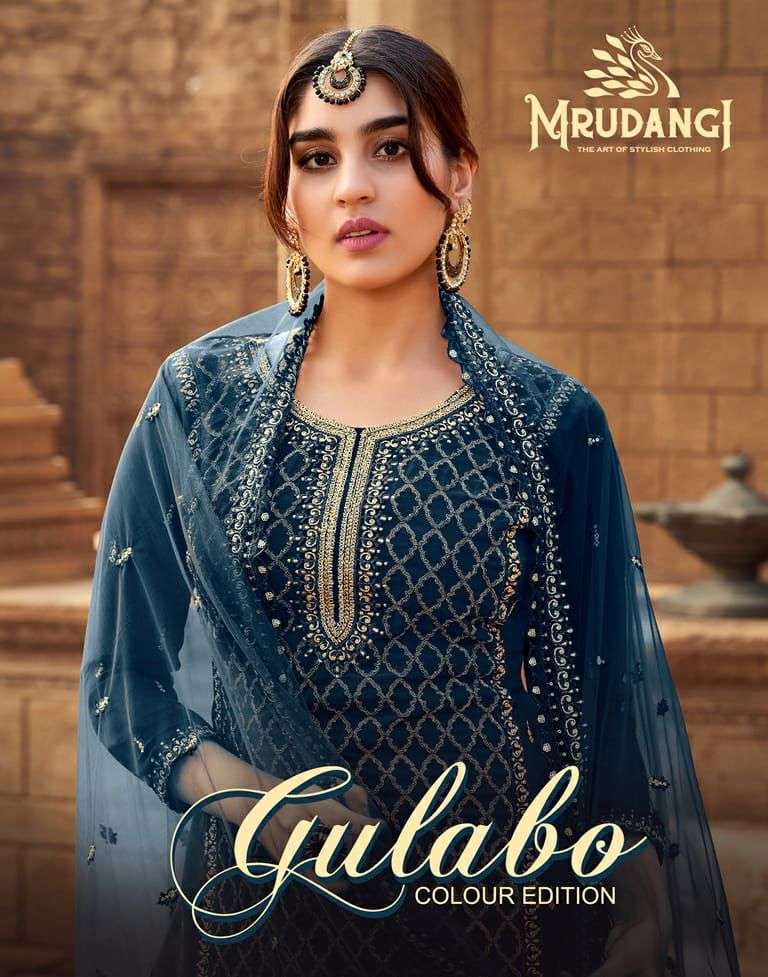 Gulabo Colour Edition Vol-4 By Mrudangi 2012-A To 2012-D Series Beautiful Stylish Sharara Suits Fancy Colorful Casual Wear & Ethnic Wear & Ready To Wear Heavy Georgette Embroidered Dresses At Wholesale Price