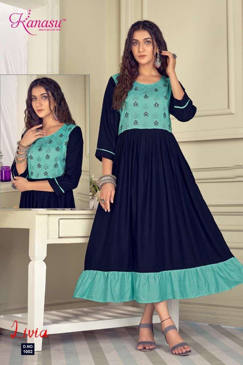 LIVIA BY KANASU 1001 TO 1008 SERIES BEAUTIFUL STYLISH FANCY COLORFUL CASUAL WEAR & ETHNIC WEAR RAYON EMBROIDERED KURTIS AT WHOLESALE PRICE