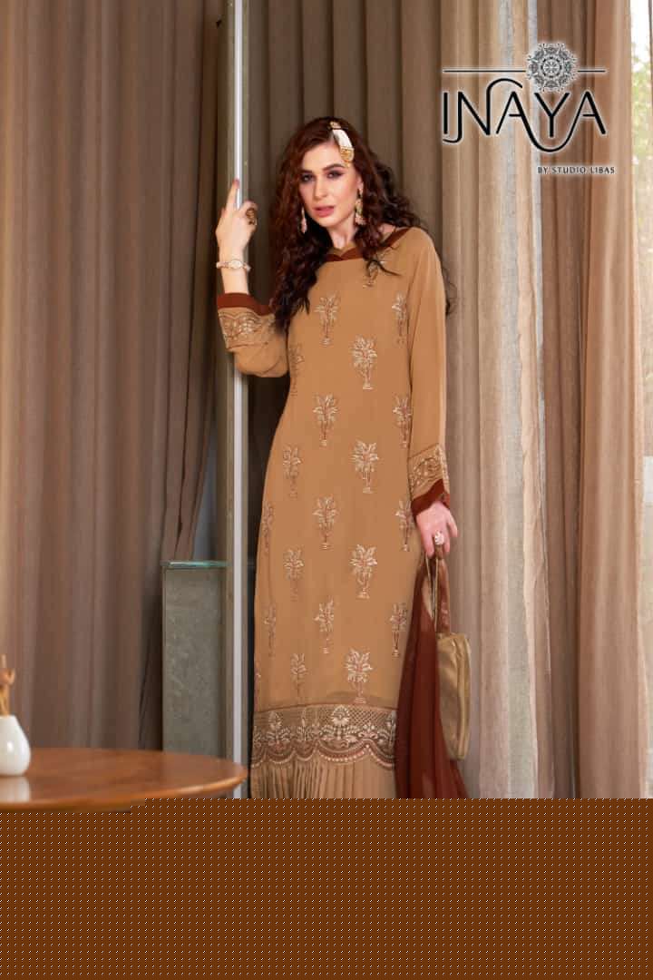 LUXURY PRET COLLECTION VOL-163 BY INAYA 01 TO 03 SERIES BEAUTIFUL STYLISH PAKISTANI SUITS FANCY COLORFUL CASUAL WEAR & ETHNIC WEAR & READY TO WEAR PURE GEORGETTE EMBROIDERY DRESSES AT WHOLESALE PRICE