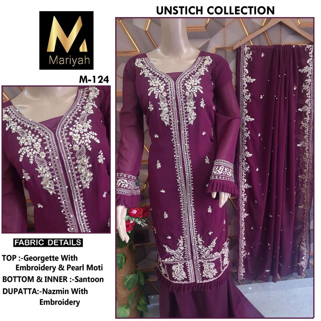 MARIYAH HIT DESIGN M-124 BY MARIYAH DESIGNER PAKISTANI SUITS COLLECTION BEAUTIFUL STYLISH FANCY COLORFUL PARTY WEAR & OCCASIONAL WEAR GEORGETTE EMBROIDERED DRESSES AT WHOLESALE PRICE